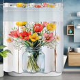 thumbnail image 6 of Red Yellow Floral Spring Watercolor Flower Wood Grain Farmhouse No Hooks Shower Curtain with Snap-in Liner Shower Curtains for Bathroom, Waterproof, Easy Install, Washable 72"x78", 6 of 9