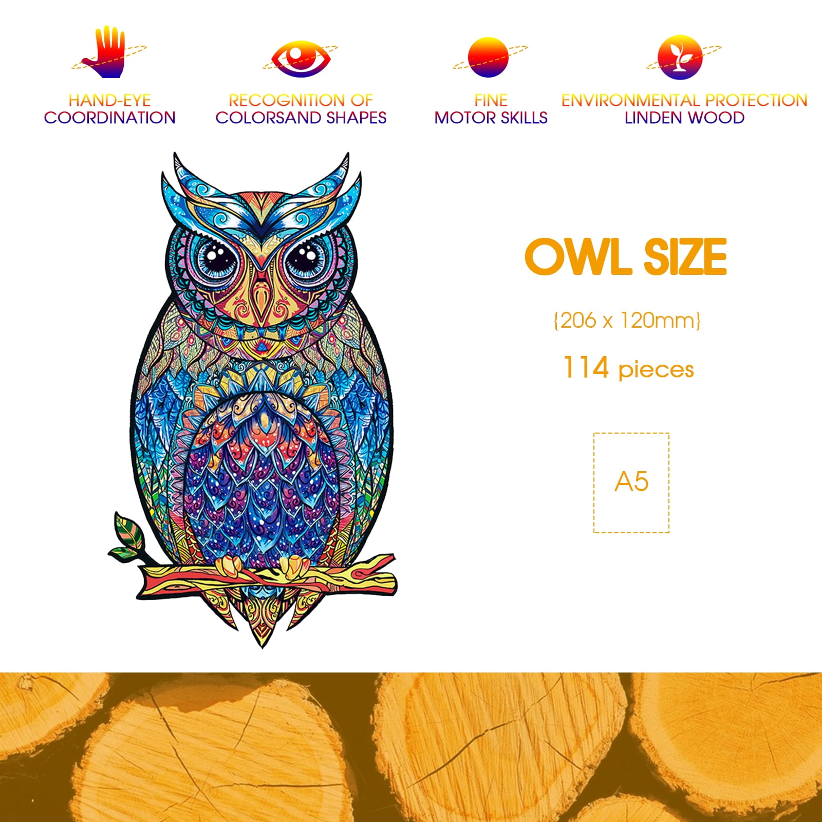 Owl Doodle 114 Pieces Shaped Jigsaw Puzzle 