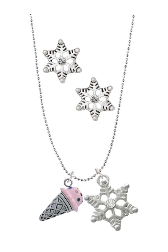 Silvertone 3-D Resin Strawberry Ice Cream Cone with Crystals Silver tone Snowflake Charm Necklace and Stud Earrings