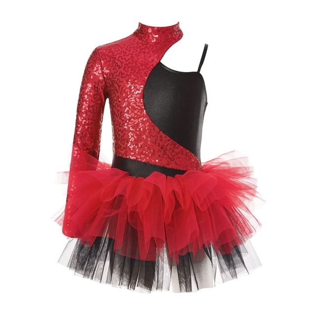 Jowowha Robe Justaucorps Asymétrique à Sequins pour Filles Jazz Latin Moderne Patinage Rouge 6