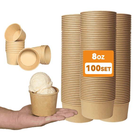 Cafemira 8 oz Kraft Paper Disposable Soup Bowls with Lids, Heavy Duty for Hot Cold Food Ice Cream Yogurt, Bulk Rigid, Microwave Freezer Safe, 100Pack