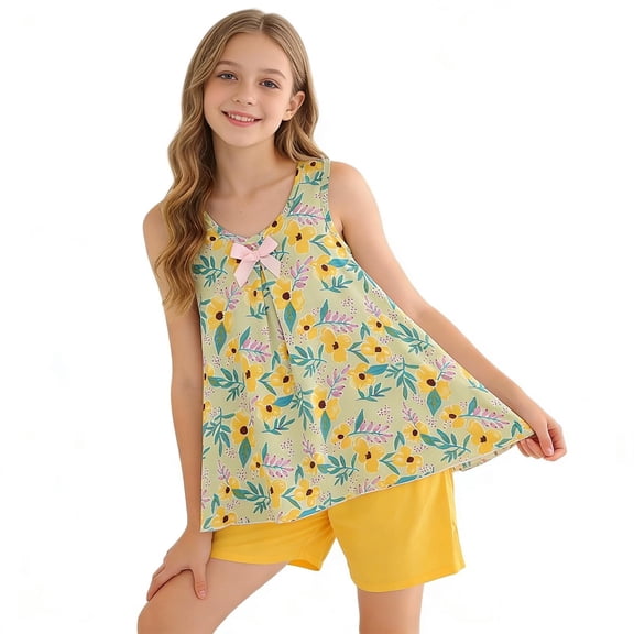 Summer Casual Clothes Girls Loungewear Flowy Pleated Tank Tops Shorts 2 Piece Cute Clothing Sets for Kids Yellow, 11 Years