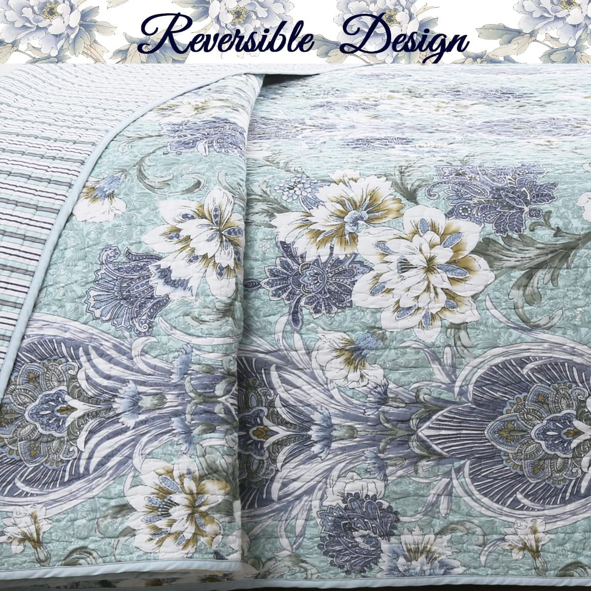 Cozy Line Jasmine Floral Porcelain Garden Vase 100% Cotton 3-Piece Reversible Quilt Set, Queen Set