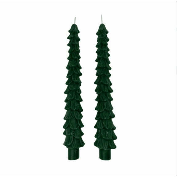 2 Pack Christmas Tree Candles, 10 Inch Unscented Tree Shaped Taper Candles Decorative Christmas Candle for Xmas Holiday Decor, Party Banquet Centerpiece Decoration,Green with Gold Trim