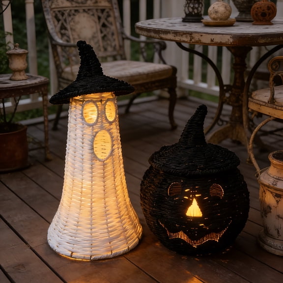 Handwoven Rattan Ghost Lantern with Witch Hat - 13.78 Inch White Wicker Ghost Decor, Light Up Halloween Decorations for Indoor Outdoor, Porch, Patio, Spooky Home Decor, Fall Harvest