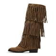 thumbnail image 2 of YDN Women Round Toe Tassels Mid Calf Boots Flats Pull On Fringed Low Heels Winter Fall Party Festival Shoes Size 7 Brown, 2 of 4