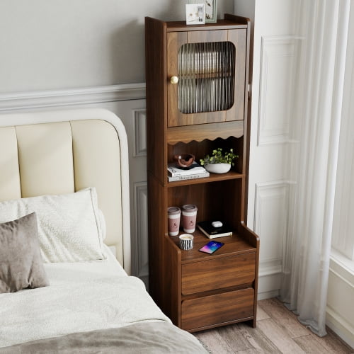 Modern Tall Nightstand with Glass Door and 2 Drawers, Walnut Wood Bedside Table with Open Shelves for Bedroom, Living Room