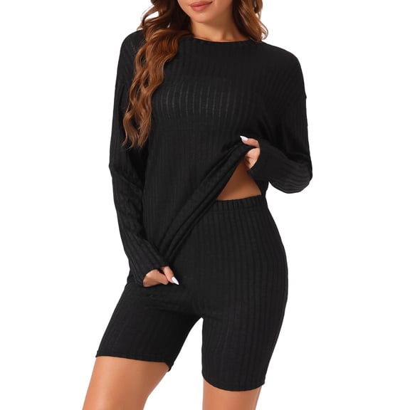 DARING DIVA Women's 2 Pcs Biker Shorts Lounge Sets Ribbed Knit Outfits Black S