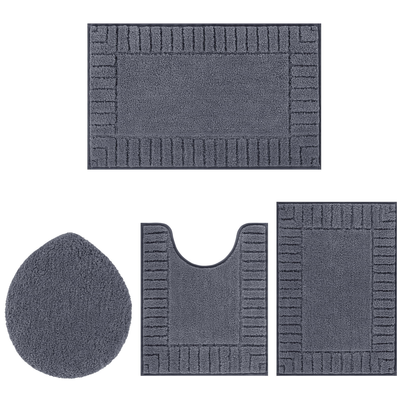 MeyJey Bathroom Rugs Set of 4 Piece, Bath Mats, Microfiber Non Slip Shaggy Ultra Soft Bathroom Runner with U Shaped Contour Toilet Mat for Bathroom, Shower Inside Floor, Dark Gray