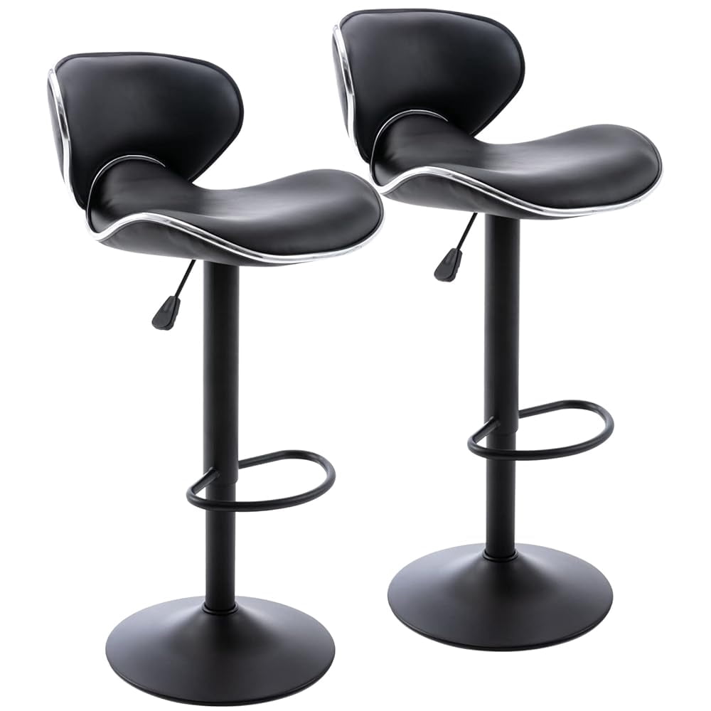 Bar Stools Set of 2, Adjustable Swivel Barstools, Modern PU Leather Counter Height Stools with Back and Footrest for Island, Dining, Bistro, Pub (Black/Black Base)