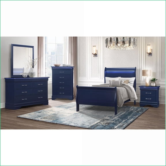 Full 5PC Sleigh Bedroom Set with LED Headboard, Navy Blue | Navy Blue | Sleigh Beds