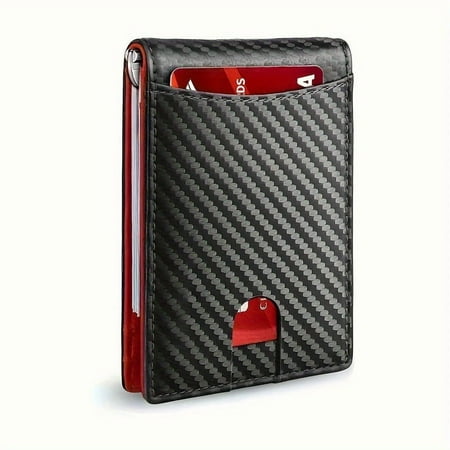 Slim Wallets for Men - Leather Money Clip RFID Blocking Bifold Wallet -（Carbon Black&Red）