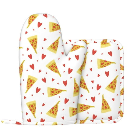 

Cute Pizza Love Oven Mitts and Pot Holders Sets with 1 Non-Slip Left Silicone Oven Mitts and 1 Heatproof Insulated Hot Pads for Kitchen Use in Cooking Baking Grilling