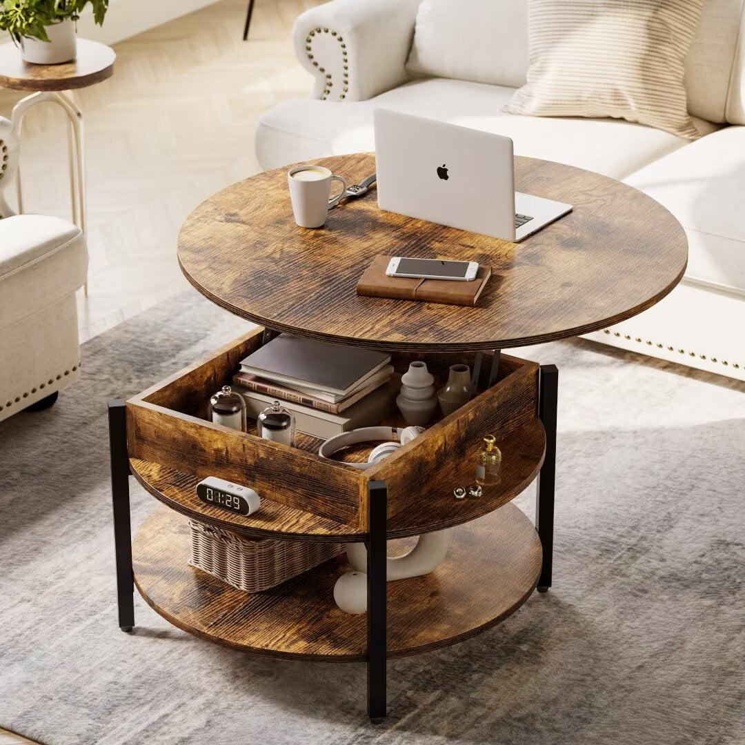 GUNAITO Round Lift Top Small Coffee Table with Storage Modern Farmhouse Center Table with Shelf 2 Tier Circle Table for Living Room Rustic Brown