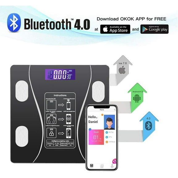 Body Fat Scale, Smart Wireless Digital Bathroom BMI Weight Scale, Body Composition Analyzer Health Monitor with Tempered Glass Platform - Black