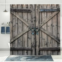 Grey Barn Door Shower Curtain, Farmhouse Vintage Countryside Wood Board Bathroom Decor Curtains, Countryside Village Rural Rustic Waterproof Fabric Bath Curtains with Hooks, 72X72in
