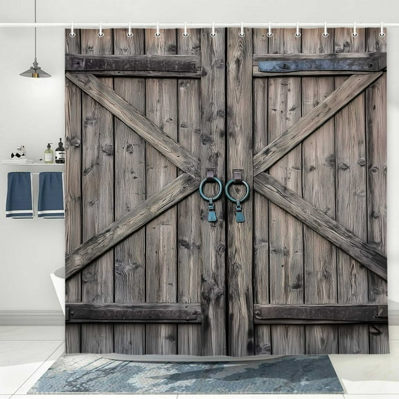 Grey Barn Door Shower Curtain, Farmhouse Vintage Countryside Wood Board Bathroom Decor Curtains, Countryside Village Rural Rustic Waterproof Fabric Bath Curtains with Hooks, 72X72in