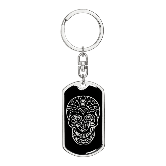 Calavera Mexican Sugar Skull 20 Stainless Steel or 18k Gold Premium Swivel Dog Tag Keychain
