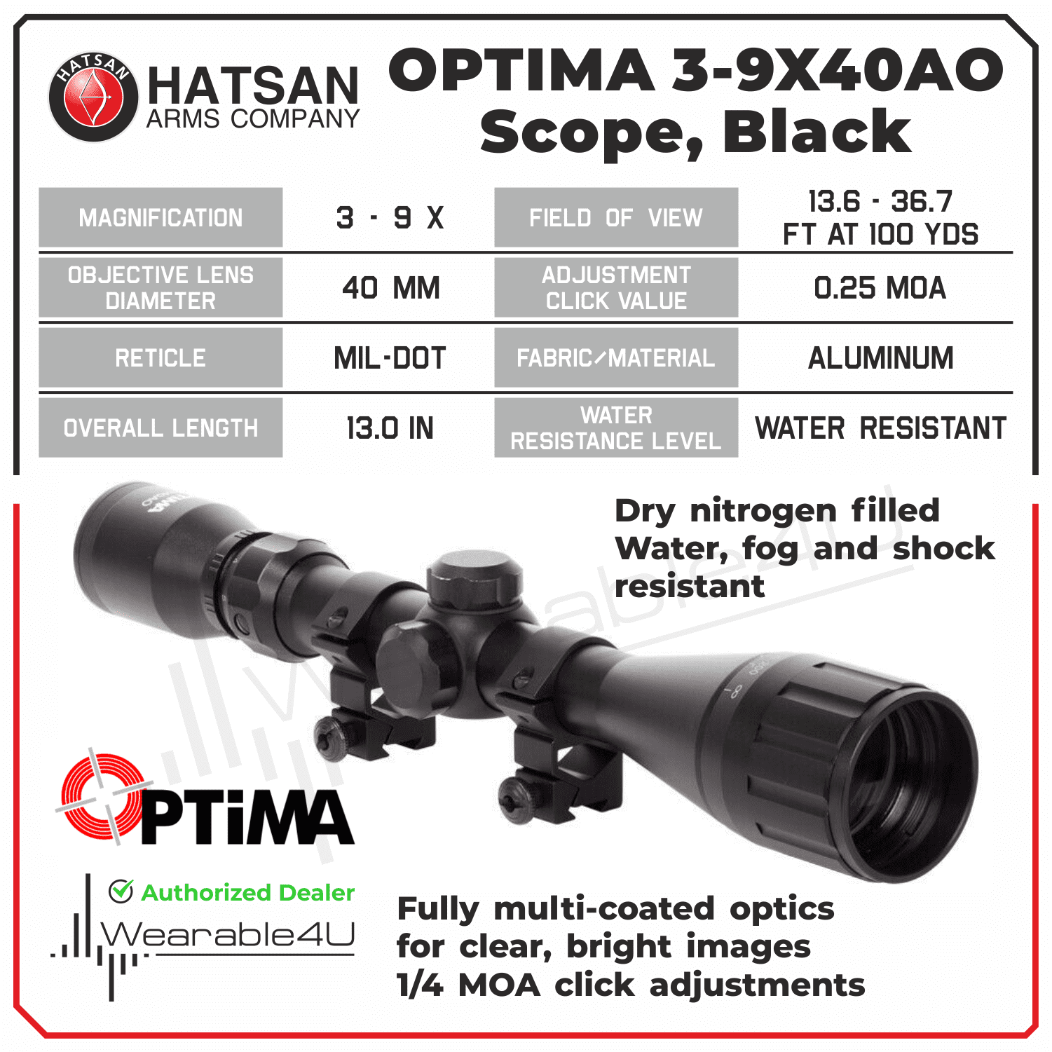 Hatsan Optima 3-9X40AO Scope with Rings and Free Hat Camo Digital and Cleaning Pen Bundle