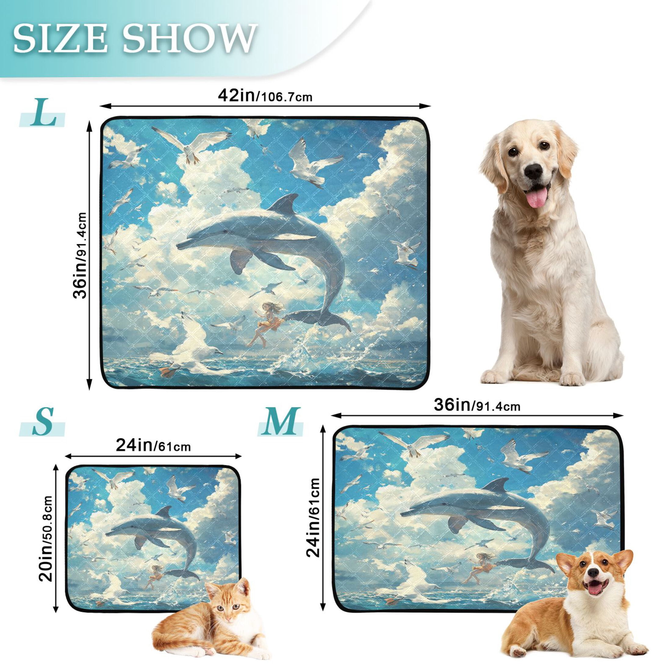Qxltty Dolphins Collide with Seagulls Cat litter Pads Pet Set of 3 Diaper Mats Center Anti-leakage Layer Absorbent Soft and Comfortable