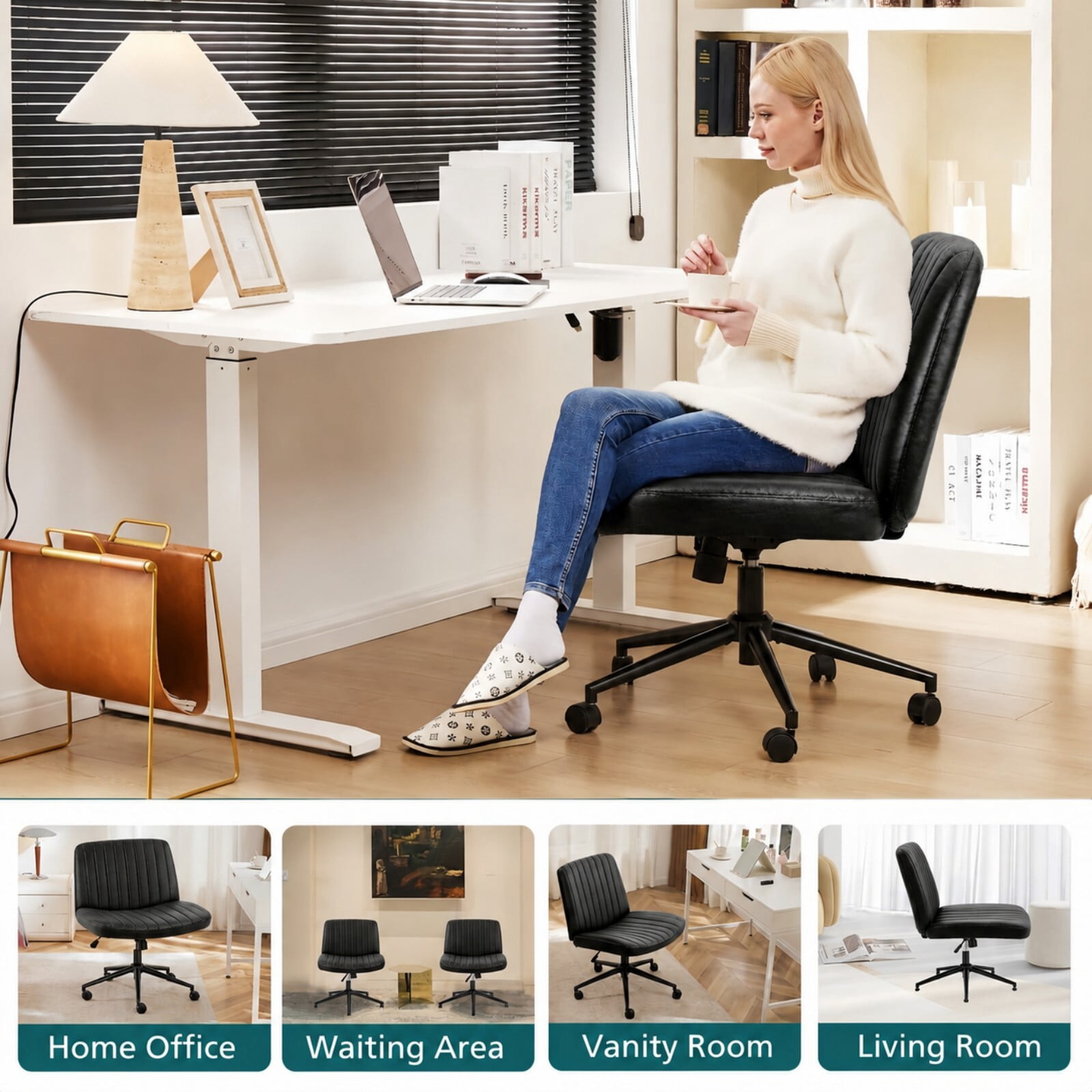 Kelno Armless Criss Cross Office Chair with Wheels 300lb Capacity Wide Seat Cross Legged Desk Chair Height Adjustable Swivel Vanity Chair, Black PU