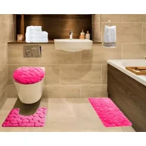 Memory Foam Bathroom Rugs Set Cobblestone Embossed Ultrasoft Non Slip Absorbent 3 pieces RB Hot Pink Color