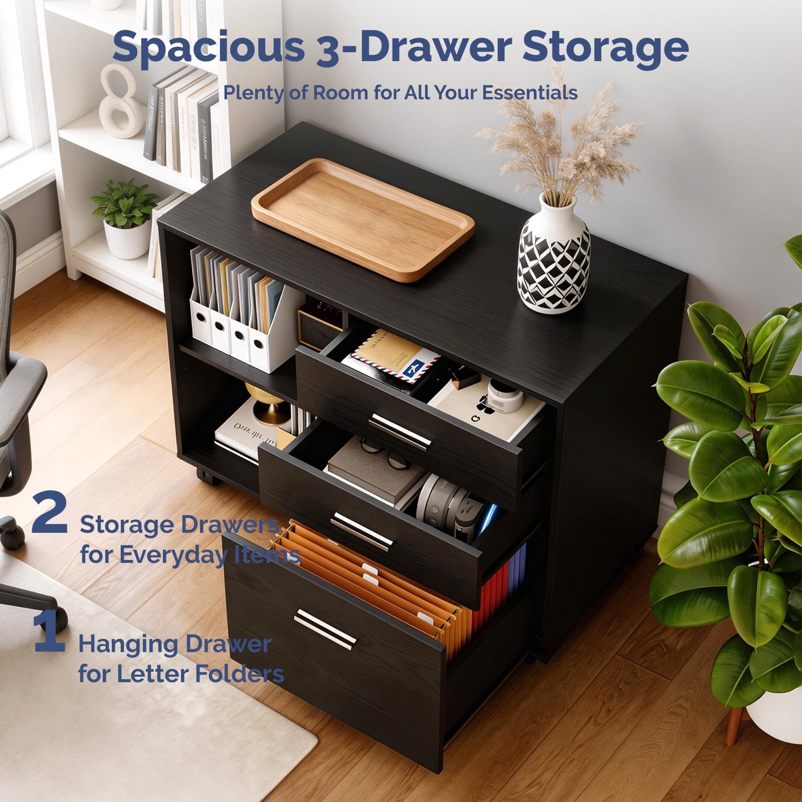 Ktaxon File Cabinet with Open Shelf, Wood Rolling File Cabinet with Open Shelves,Legal & Letter Size Black