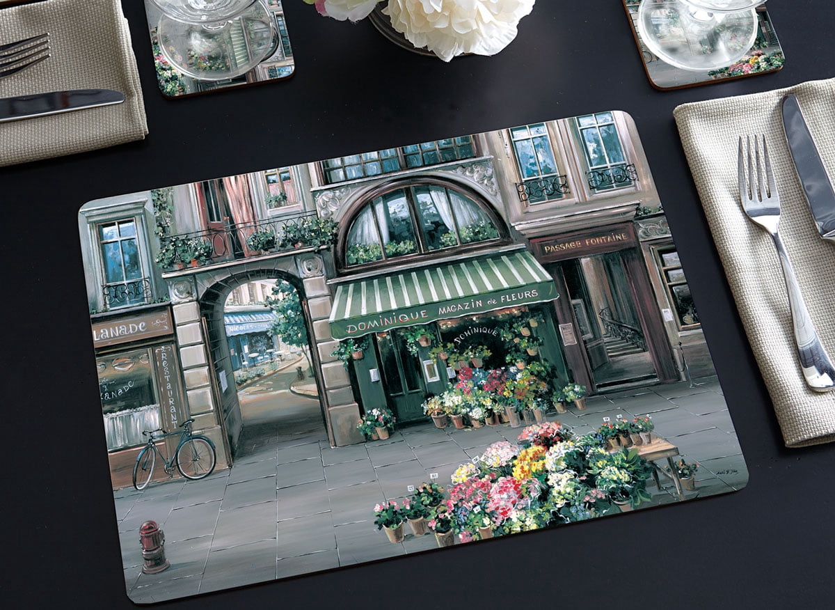 Cala Home "Village Square" Assorted Image Decorative Hardboard Cork Back Tabletop Placemats 4 Pack