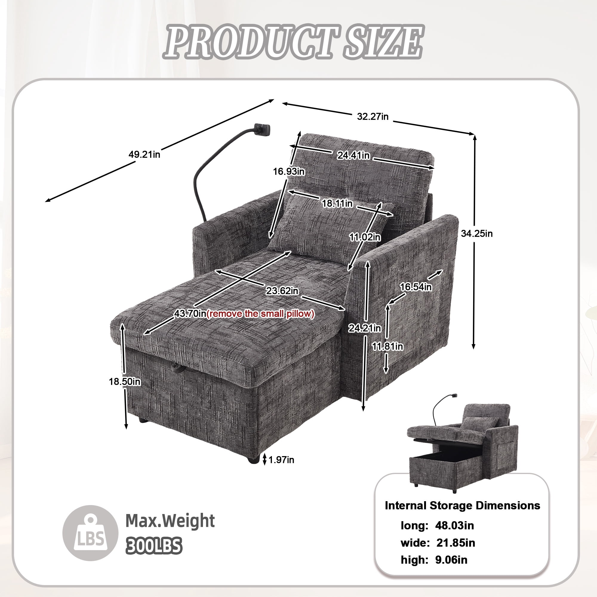 Aukfa Storage Chaise Lounge Single Sofa with Phone Holder and Pillow for Living Room Bedroom, Chenille, Gray