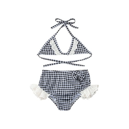 

2Pcs Infant Baby Girls Plaid Swimwear Lace Halter Tops Shorts Bathing Suit Swim Tankinis Summer Beachwear