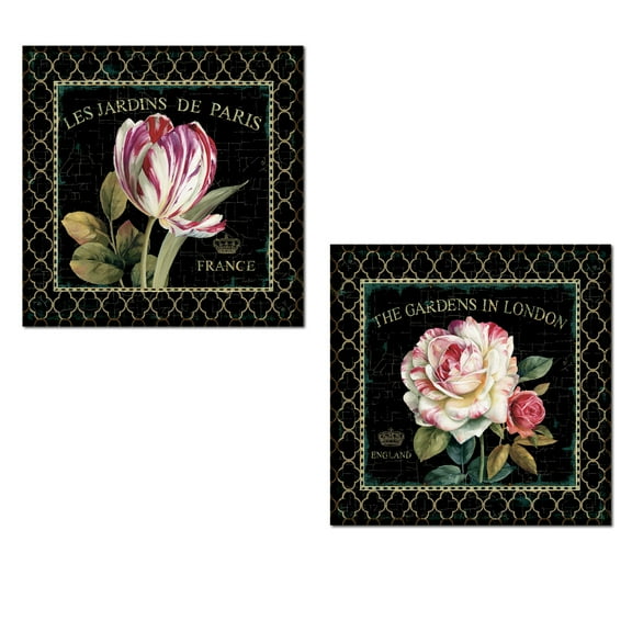 Beautiful Blooming Paris and Roma Tulip Print Set on Black Quatrefoil Background by Lisa Audit; Floral Decor; Two 12x12in Poster Prints