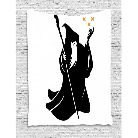 Wizard Tapestry, Hand Drawn Style Old Druid Silhouette with Stars on His Finger Tips, Wall Hanging for Bedroom Living Room Dorm Decor, 40W X 60L Inches, Black Orange and White, by Ambesonne