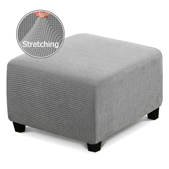 Square Ottoman Covers Folding Storage Stool Slipcover with Elastic Bottom, Stretch Spandex Jacquard Small Checks Fabric, Light Gray, XL 35–44 Inch