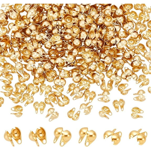 250Pcs Stainless Steel Bead Tips Gold Open Bead Tips Knot Covers Clamshell Calotte Bead Tip Metal Fold-Over Bead Tips 1mm Small Hole End Caps for Jewelry Making Accessories Gold