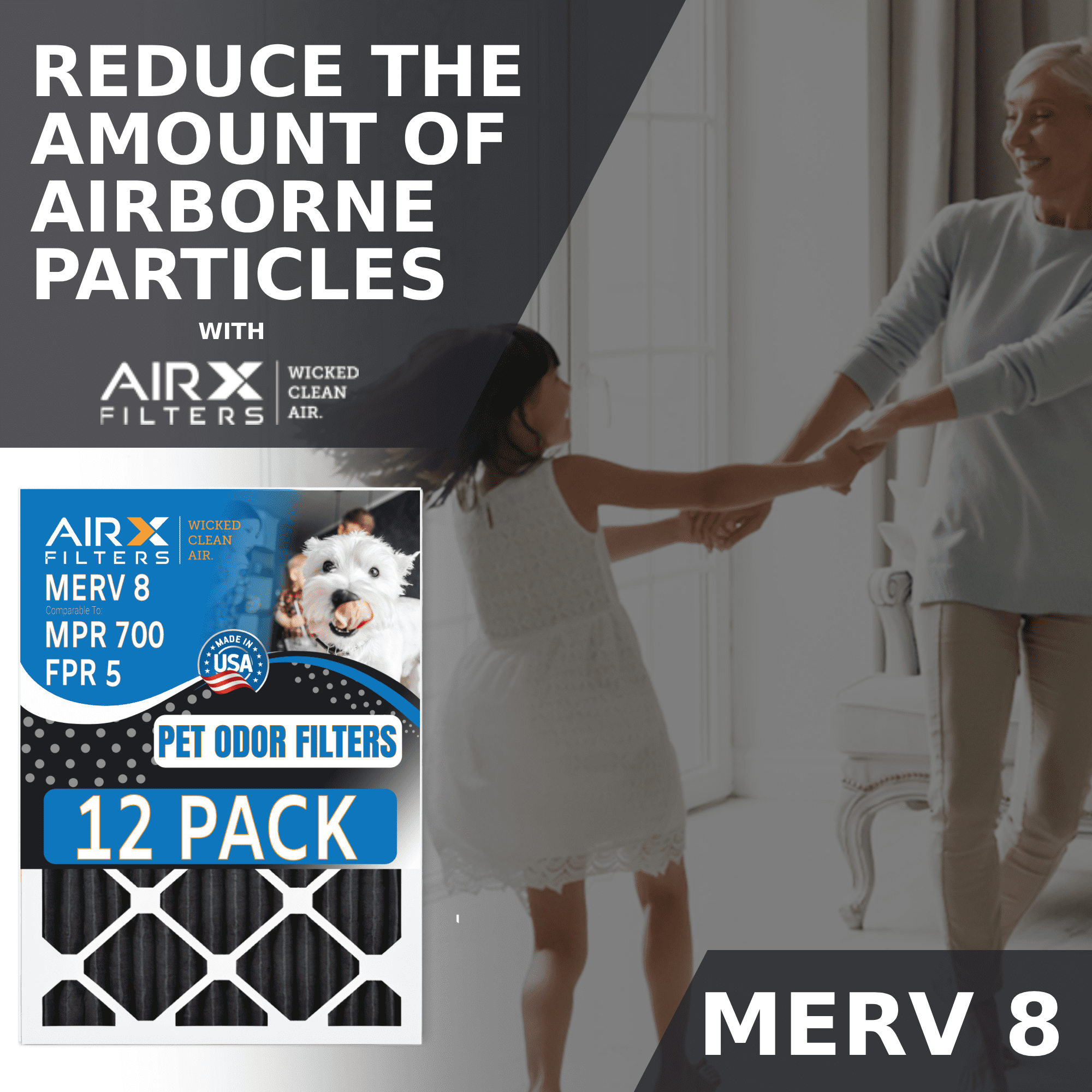 20x25x1 Air Filter MERV 8 Rating, 12 Pack of Furnace Filters Comparable to MPR 700, FPR 5, Pet Odor Retention Filters - Made in USA by AIRX FILTERS WICKED CLEAN AIR.