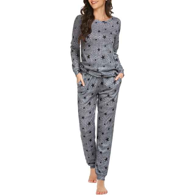Conjunto de pijama para mujer, de manga larga, con estampado de estrellas, suave, con bolsillos