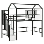 Euroco Twin Loft Bed with Cabinet, Solid Metal House Bed for Kids Teens, Black