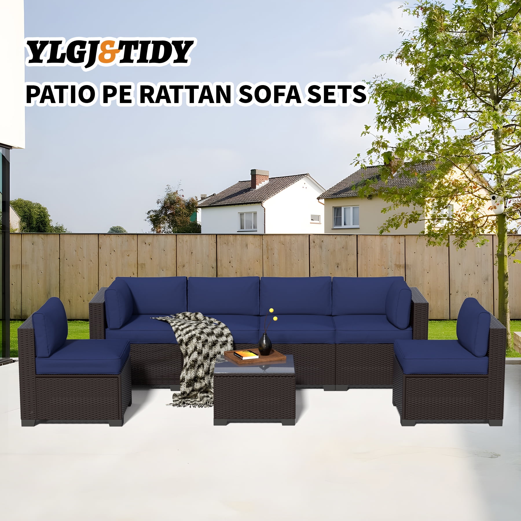 YLGJ&TIDY 7-Piece Outdoor Patio Set, All-Weather Rattan Sofa with Waterproof Cushions and Glass Table for Garden, Poolside, Navy Blue