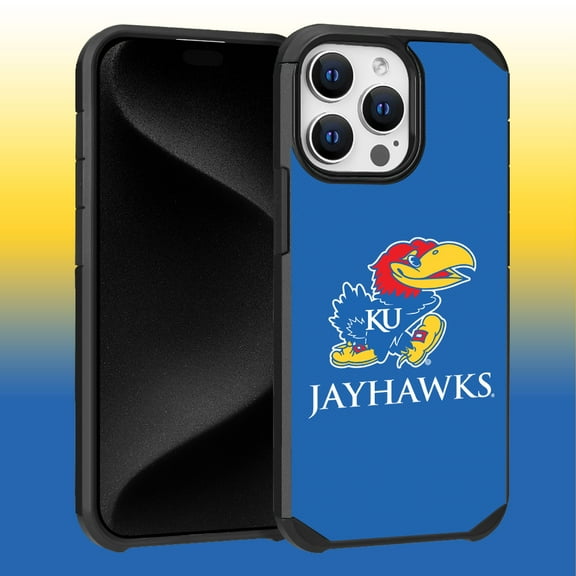 Apple iPhone 15 Pro Max (6.7) - Licensed NCAA University of Kansas Jayhawks logo on Blue Textured Dual Layer Case