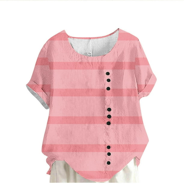 Vestidos Casuales Para Mujer, Blusas De Mujer De Moda Blusa informal de lino con botones y manga corta estampada para mujer