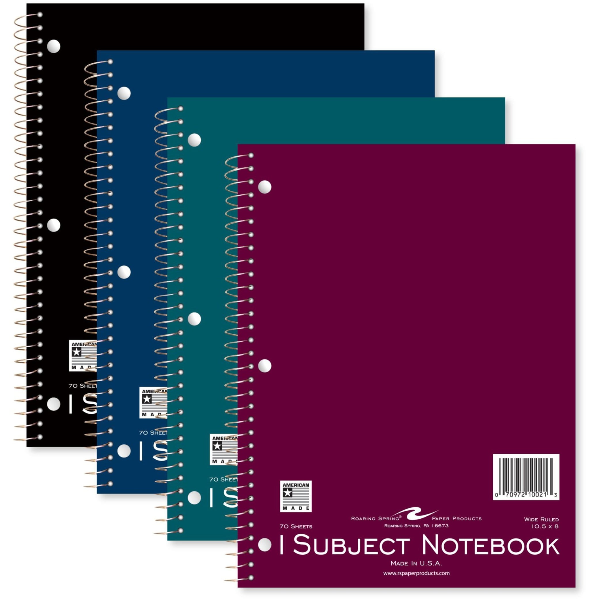 Roaring Spring Wide Ruled One Subject Spiral Notebook, 3 Hole Punch, 1 Case (24 Total), 10.5" x 8" 70 Sheets, Assorted Brite Colors