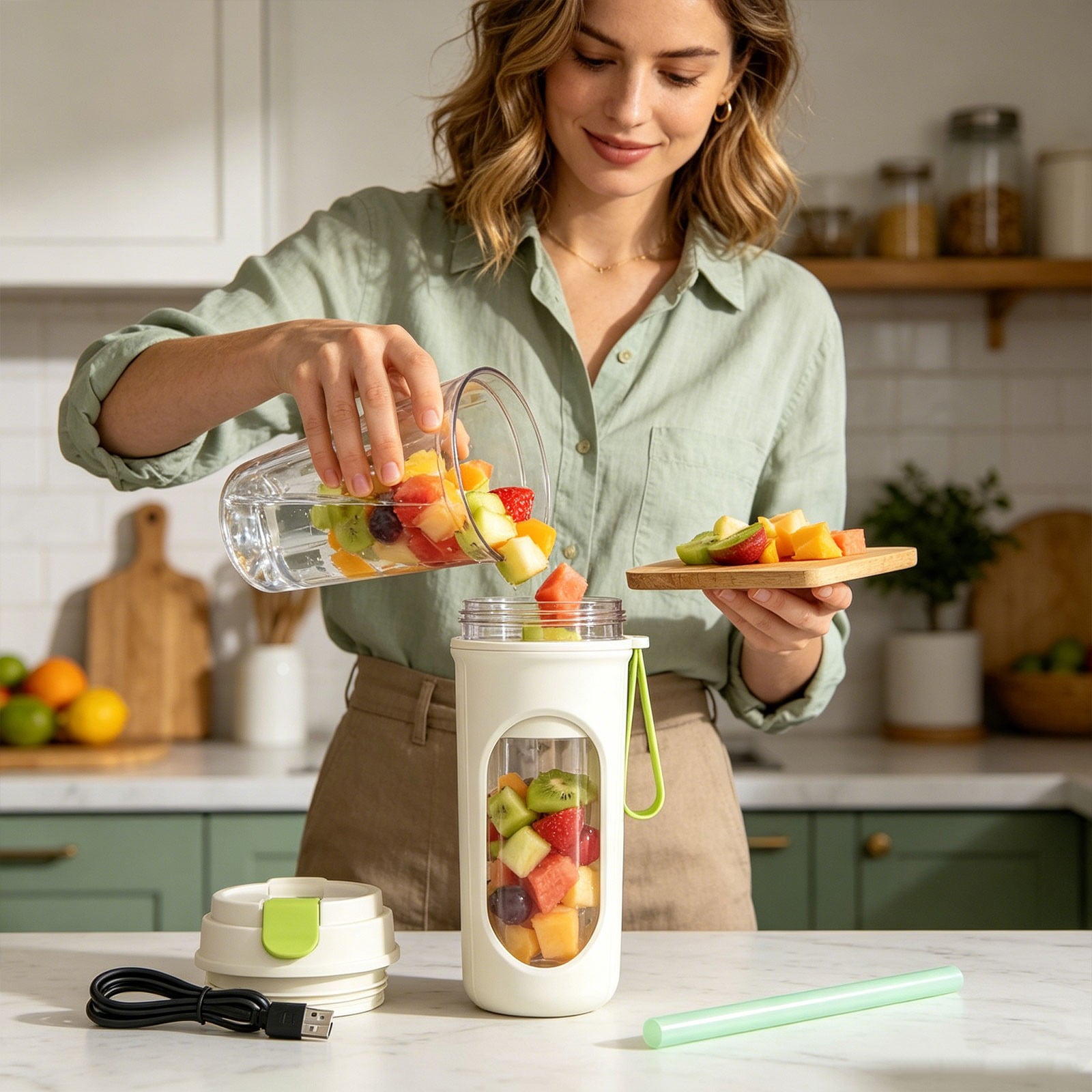 Portable Blender Personal Smoothie Maker - USB Rechargeable for Shakes & Juices - Food Blenders Kitchen Appliances for Travel Gym Office 8.2"x3.6"x2.7" (Beige)