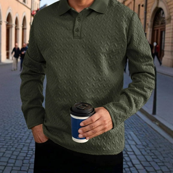 Handshe Men's Solid Color Casual Button-Up Half-Zip Shirt, Long Sleeve Collar Shirt for Relaxed Outings and Everyday Casual Wear,Plus Size