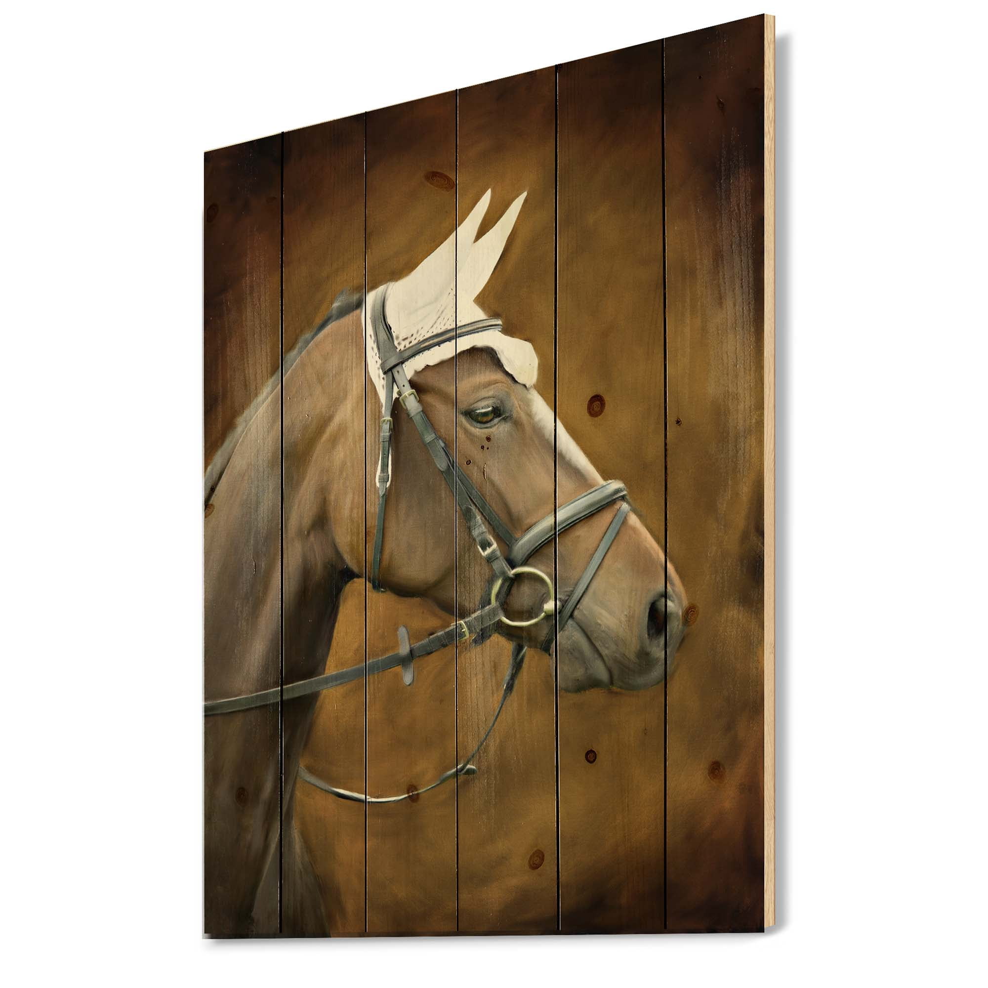Designart 'Close Up Portrait Of Brown Horse With White Ears' Farmhouse Print on Natural Pine Wood