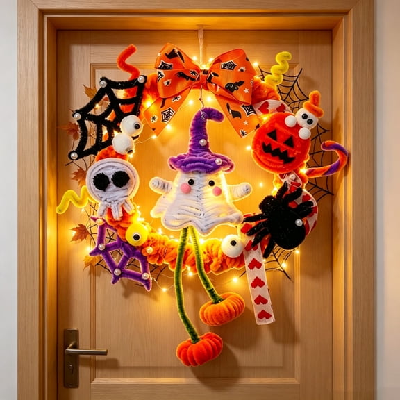 SHENGXINY Halloween Wreath With Lights,Grunge Illuminated Wreath with Pumpkin Spider Web for Entryway Balcony Yard Wall Ornament