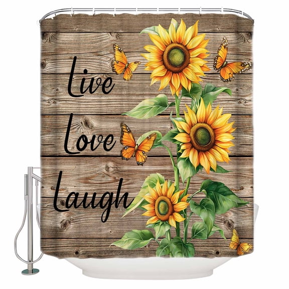 Summer Sunflower Green Leaves Butterfly Shower Curtain for Bathroom, Retro Brown Wood Grain Waterproof Shower Curtains Washable Quick Dry with Hooks Bathtub Curtains 72x72 IN