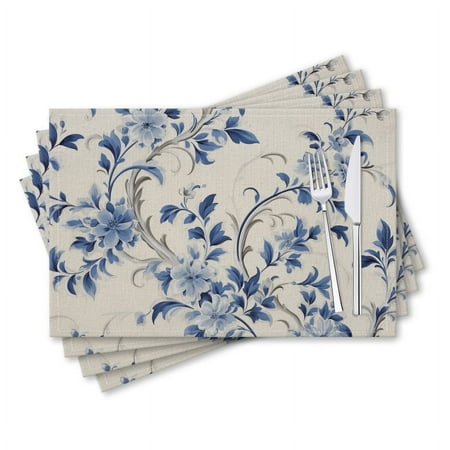 

BaHomeck placemats Set of 4 rectangle Linen Cotton Placemats for Dining Table Washable Heat Resistant 18*12inch Blue And White Porcelain-Style Floral With Vines And Leaves