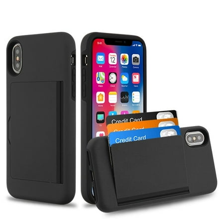 Apple iPhone XS / iPhone X (5.8 in) Wallet Phone Case Ultra Protective Cover with 3 Cedit Card ID Holder Slot [Slim] Heavy Duty Shockproof Hybrid Hard PC + TPU Armor BLACK Case for iPhone X, iPhone