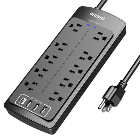 ONDOG 10 Outlet Surge Protector with 4 USB Ports, Black