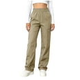 thumbnail image 2 of Cagogo Women Straight Leg Elastic Waist Pants with Pockets Casual Solid Streetwear Loose Long Cargo Trousers for Vacation Travel Work Lounge, Khaki M, 2 of 7